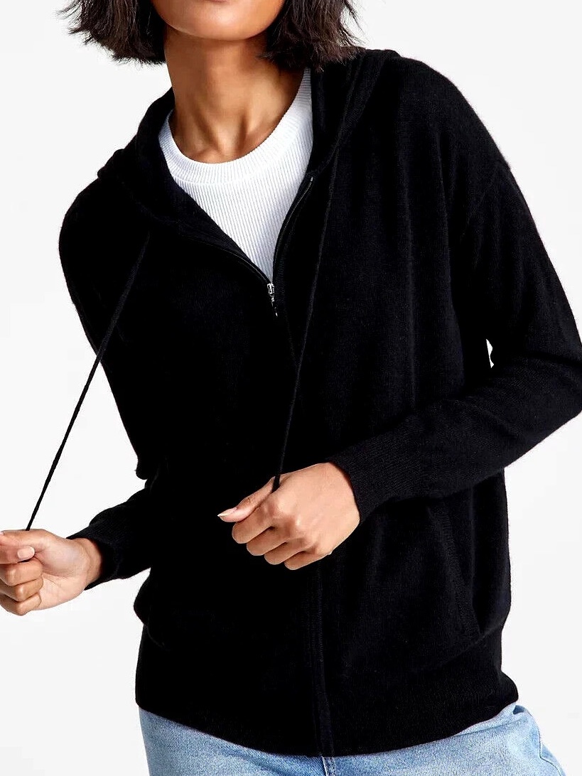Nwt Charter Club 100% Cashmere Zip Up Hoodie Sweater Black Size 1x Lightweight